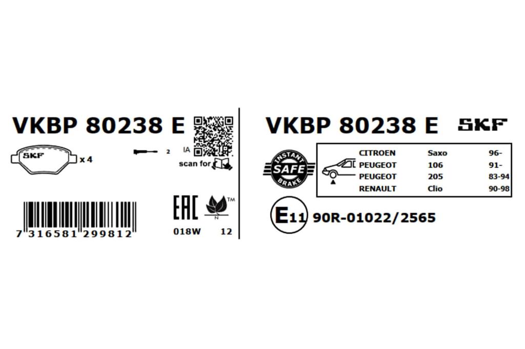 Jeu de 4 plaquettes de frein SKF ref. VKBP 80238 E